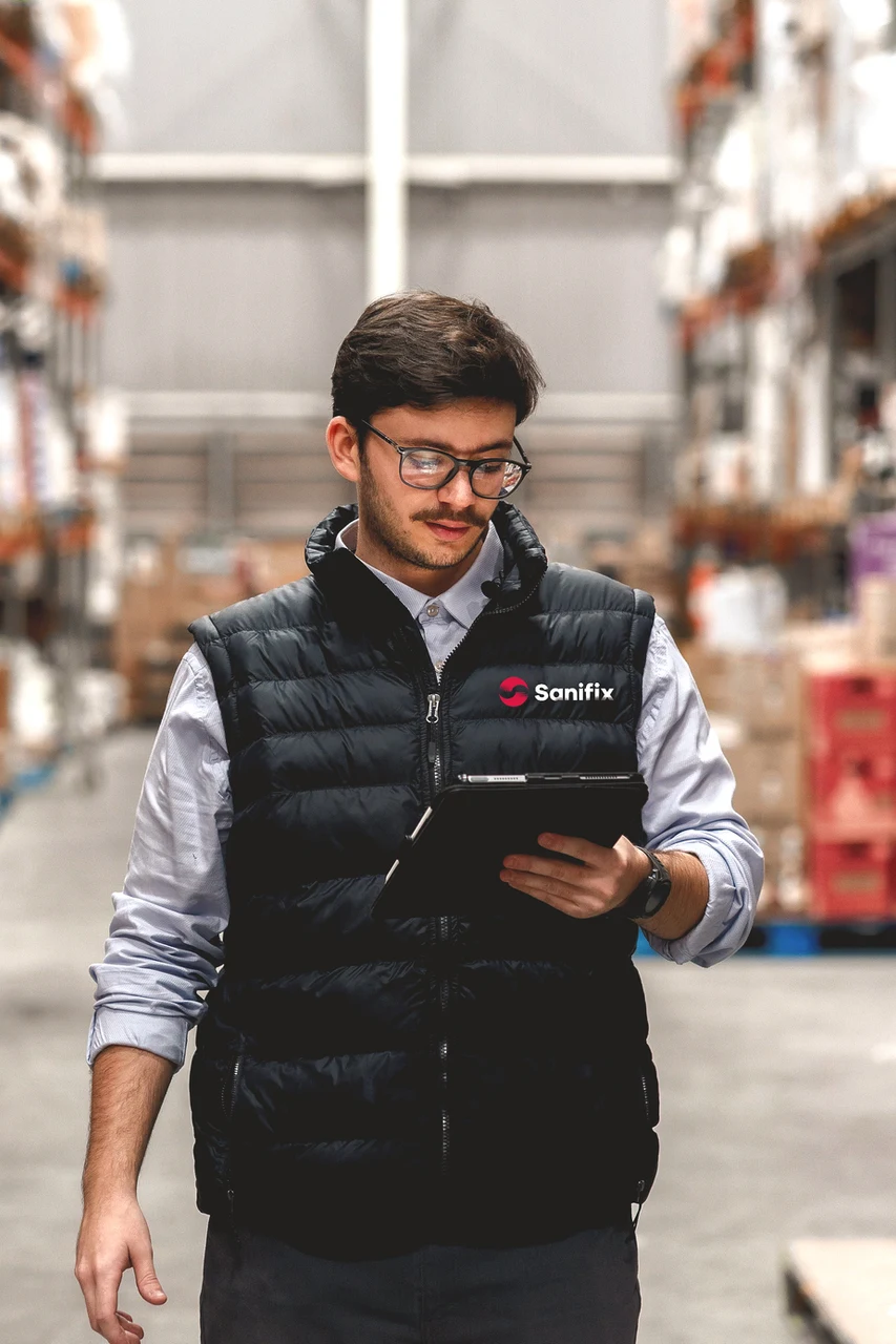 Sanifix engineer checking stock on a tablet in the Sepang warehouse