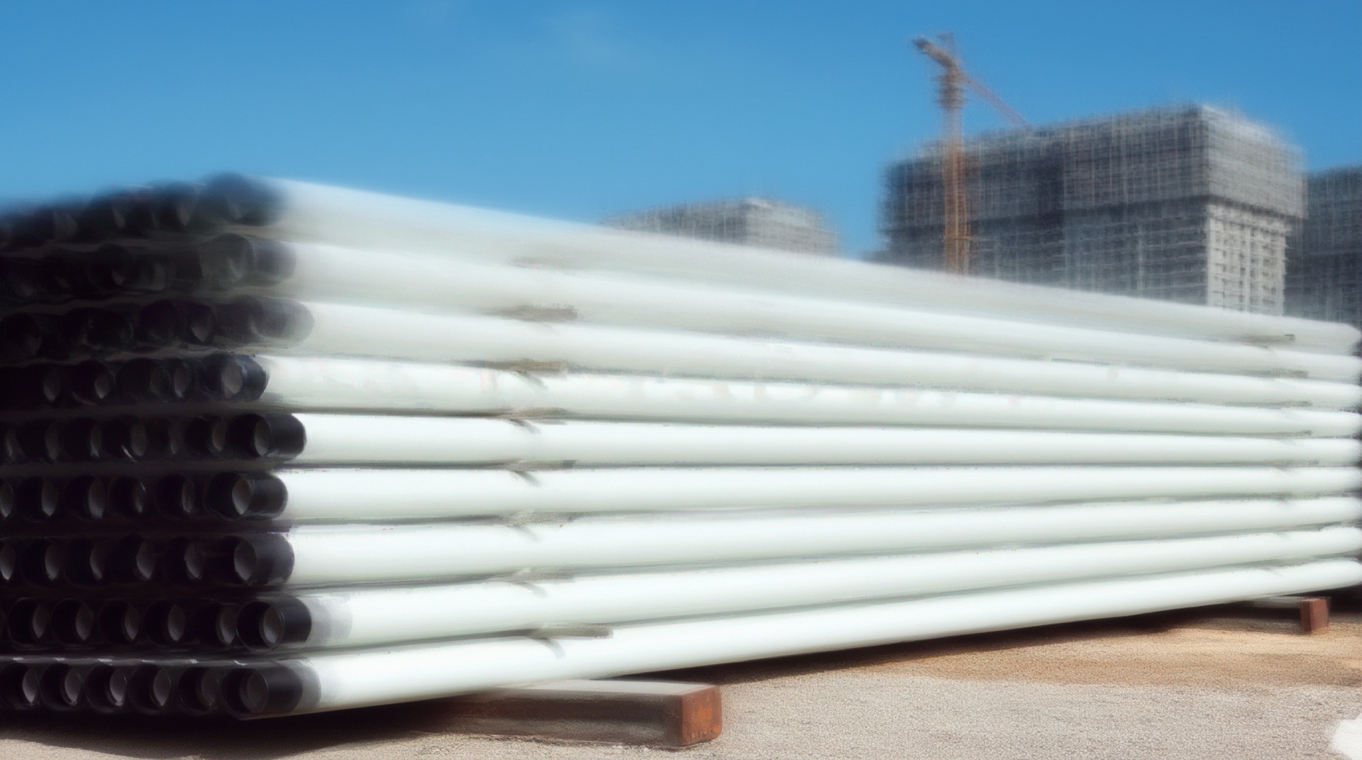 Ductile iron pipe lengths stacked on site in front of construction towers