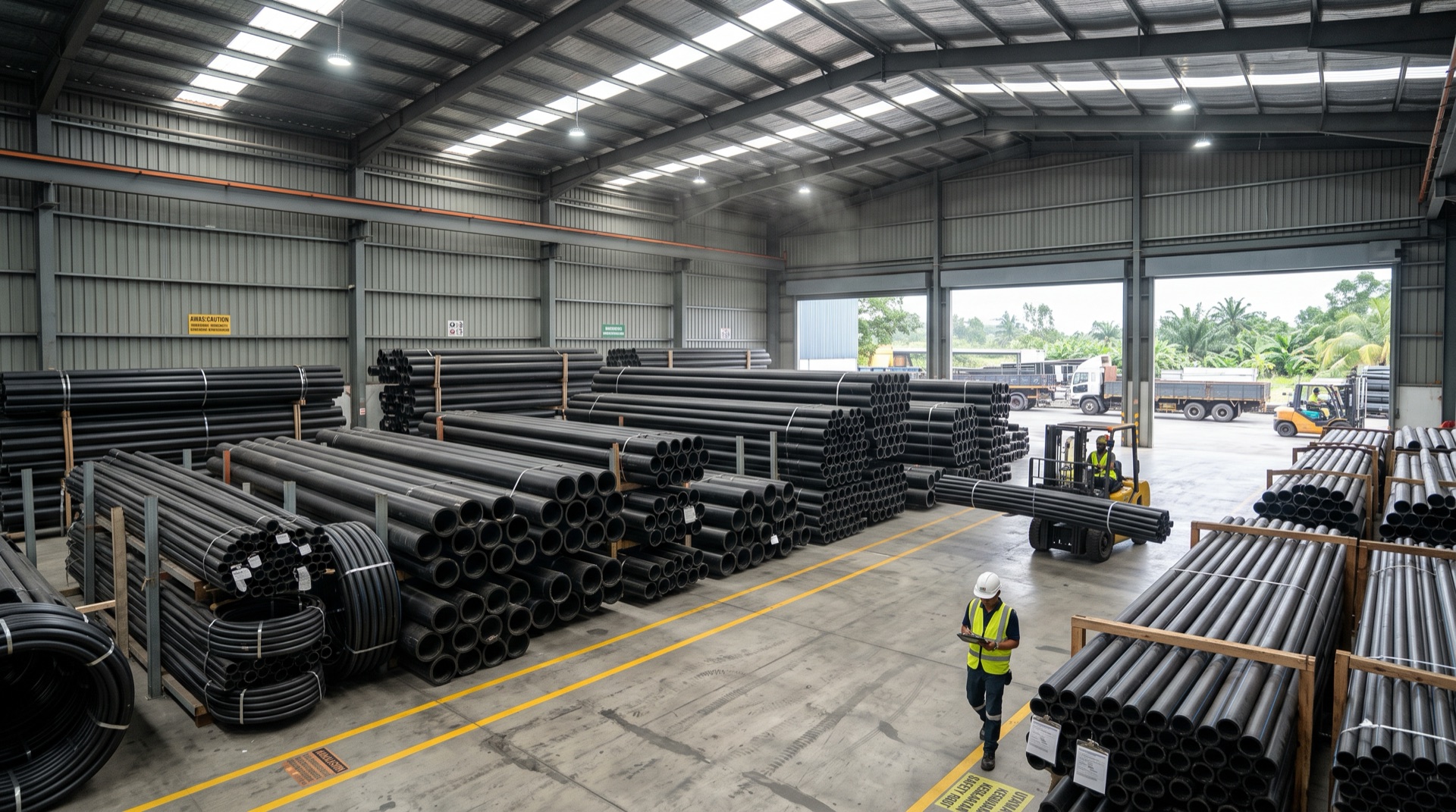 HDPE PE100 pressure pipe — black coils and straight lengths racked in the Sanifix warehouse