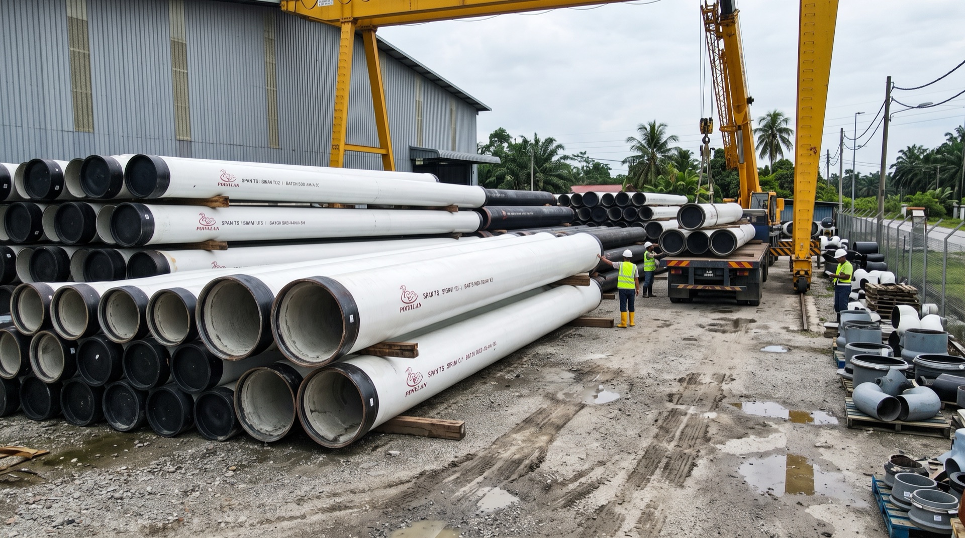 MSCL cement-lined steel pipe — white lengths with black ends stacked in the Sanifix yard