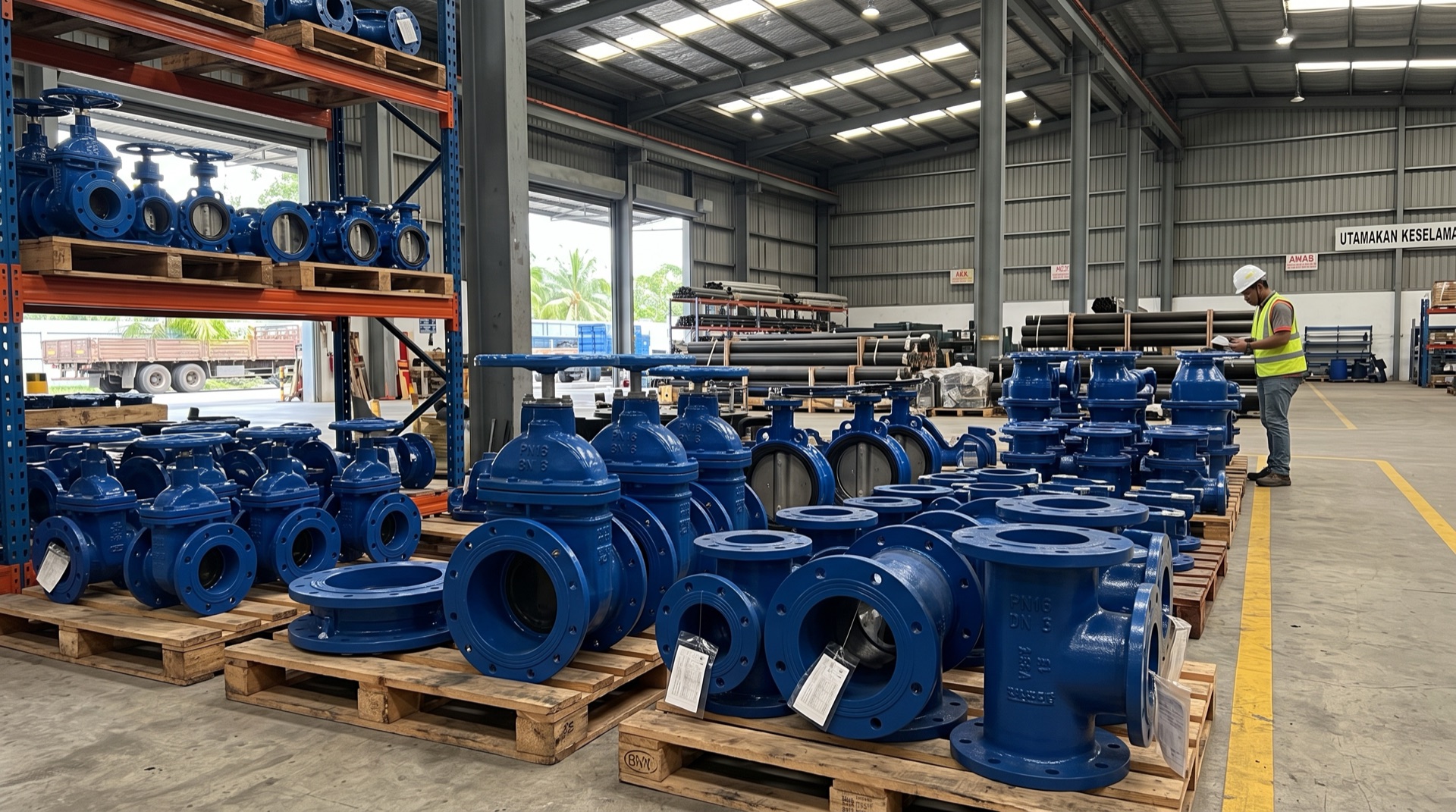 Flanged gate valves on pallets in the Sanifix warehouse racking